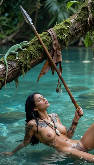 Ultra-realistic cinematic masterpiece, extreme foreground-background separation, dominant razor-sharp foreground plane, the absolute foreground is occupied by a massive moss-covered jungle branch cutting diagonally across the frame, the branch, the hanging loincloth, the resting spear and the tiny gecko are the only elements rendered in crisp focus, every moss filament, bark crack, water droplet, leather fiber and metal scratch resolved with extreme micro-detail, a clearly recognizable primitive leather loincloth hangs loosely over the branch, shaped as a small triangular front covering with long thin side ties, decorated with dangling leather cords, tiny carved bones, beads, shells and polished stones, beside it an exceptionally slender lightweight throwing spear rests diagonally against the branch, its straight hardwood shaft only about 1.2 centimeters in diameter, narrow leather wrapping around the hand grip, an extremely long, delicate needle-like polished metal spearhead, refined, lightweight and aerodynamic, a tiny emerald-green gecko sits on the moss nearby, spectacularly detailed scales, claws and luminous iris, 100 millimeter prime lens, extremely shallow depth of field, several meters behind and visually lower than the foreground branch lies a crystal-clear turquoise jungle pool, completely separated from the sharp foreground by heavy optical defocus, in the blurred background below the branch a tribal woman, 28 years old, deep dark-brown skin, slender athletic physique, long wet black hair, black pubic hair, extensive dark tattoos across her nude body, huge tits, long nipples, wearing only a primitive bone-and-stone necklace, completely nude because her loincloth is visibly hanging on the branch in the foreground, she remains deeply immersed in the water, reclining and stretching lazily during a peaceful break from hunting, eyes closed, completely relaxed, both hands free, slowly washing herself and gently running her hands over her shoulders, neck, arms and torso while enjoying the cool water, passive unhurried body language, her submerged body softly visible beneath the exceptionally clear turquoise-green surface through realistic refraction, the elevated viewpoint looking slightly downward makes her underwater silhouette perceptible without bringing her into focus, gentle ripples around her body, dense emerald mist drifting low across the pool, humid green haze between tree trunks, lush tropical vegetation dissolving into teal and moss-colored bokeh, soft cool forest light, deep shadow separation, rich tonal contrast, subtle analog film grain, physically believable optics, poetic accidental intimacy, immersive photorealistic rainforest atmosphere