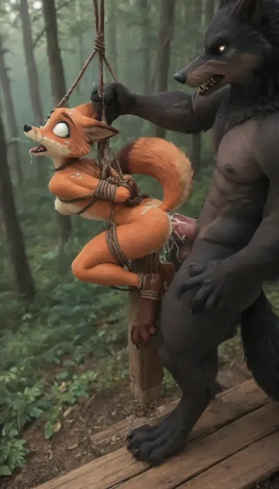 (Jack Cayless art style), (furry fox:1.5), Tiny fit, ((tiny furry fox with fluffy tail)), from her fox's elongated muzzle, ears pressed against the head, open mouth, (she limbs are covered with black fur), (long digitigrade animal feet:1.4), (Sliding footrest), (fucked from behind by Tall thin big black werewolf), (The fox A person lying on their back, bound with ropes, resting horizontally on a suspended wooden plank), slave anal sex+cum on face, forest, orgasm face, hyper werewolf dick half way in ass, the werewolf grab fox on hip, (side view:1.2), (above view:1.35), rough sex, fluffy fur, masterpiece., jxdhxps, character, sfb, <lora:Judy_Hopps_Xl-000002:.3>, <lora:sfb_v3:.3>, <lora:Nick_Wilde_for_SDXL:.3>, <lora:Thigh_gap_SDXL:.8>