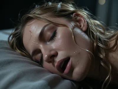 Imagine an extreme ultra close-up where the face of a stunning woman, 28 years old, almost fills the entire frame, edges of her head extending past the borders, her face presses into a soft pillow, sleeping, eyes closed, pores and lashes crisp, damp strands clinging to her temple, a light sheen of perspiration catching the faintest light, Wet and sweaty long blonde corkscrew curls messily spread around her head, strands clinging to her skin Her breathing is intense, expression charged, quiet determination and release, conveyed only through subtle facial tension and minute motion. The palette is desaturated low key, with deep blacks and high contrast. Only the faintest cool moonlight filtered through clouds and a curtain grazes one side of her face, casting deep dramatic shadows that reveal just the contours, everything beyond her face dissolves into blackness. Masterpiece, ultra photorealistic cinematic finish, subtle film grain, exceptional micro contrast, ultra shallow depth of field