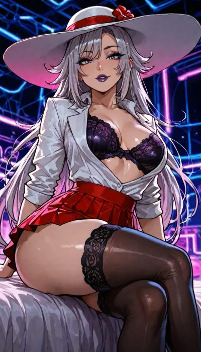 (markgavatino style:.5), (Melkor mancin style:.5), 20 year old, small petite athletic fit FIlipina sitting on bed in neon room, secretary costume, large cute hat, flirty sultry slut, high quality face details, dark lipstick, eyeliner, big cute gray eyes, (((hypersaturated bright colors))), long lustrous hair with highlights, firm hard breasts under white dress with purple lace, (red skirt:1.2), mini skirt, pleated, satin bra, long stockings, side view crossed legs accentuate gleaming ass curves, <lora:EnvyBeautyXL04:.7>, <lora:add-detail-xl:1.2>, <lora:attractive_notrigger:1.2>, <lora:detailed_notrigger:1.2>, <lora:LCMTurboMix_Euler_A_fix:1.2>