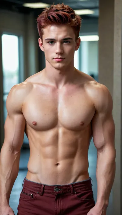 20 year Young Hot American College boy with a muscular Body. His hair is styled messily. Deep red dyed Hair, cool messy haircut, His Body is muscular and sexy. He has perfect pecs. Perfect sixpack abs, He is a perfect Hunk. He is youthful and Nerdy. He is cute and extremely pretty and Beautiful. 3/4 view., art, by, mooncryptowow, <lora:WowifierXL-V2:.8>