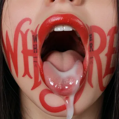 image of female face, (Tattoo on the left of the mouth that reads, "WH", Tattoo on the right of the mouth that reads, "RE", The mouth is wide open in the shape of the letter O, bright scarlet Tattoo, bright scarlet lips, face is shown in full), tattoo in gigantic letters, tattoo and lips of the same color, thick white cum on lips, thick white cum in mouth