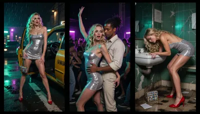 Masterpiece photorealistic cinematic nightclub triptych, exactly three equal vertical panels with clean black borders, one single image showing three stages of the same long, chaotic nightclub night. Same adult woman in all panels, 25, identical face and body, long blonde corkscrew curls, silver sequin mini dress, bare legs with subtle natural sheen, glossy red heels, jeweled handbag as recurring object. Left panel, night rain, open taxi door, wet asphalt reflecting green and purple lights, she looks alive and excited, spontaneous start of the night, Center panel, deep inside a dark, crowded club, mosh pit-like energy, tightly packed bodies, almost no free space, she is not posing or isolated, torso leaning forward into the rhythm, arms thrown high in wild motion, head moving, long blonde curls whipping through smoky air, sweaty glossy skin mostly underexposed, only neon green, teal, and purple rim lights catching hair and sequins, chaotic rhythm and heat. Right panel, filthy nightclub bathroom, dark greenish light, cracked tiles, grime, scattered paper, wet floor, dirty sink, Her jeweled bag lies on the dirty floor, She is bent forward over the sink, face lowered, hands braced on the edge, sweaty damp curls stuck to skin, smeared makeup, unfocused eyes, The same silver dress, rumpled, still fully covering, bare legs, red heels on, she has sex from behind, with, a attractive Caribbean man with a penis, 28 years old, long dreadlocks, dark skin, broad shoulders, light beige open linen shirt, pale linen trousers, suspenders, calm, respectful, He stands directly behind her, hands strongly steadying her at the hips so she doesn't fall, clearly careful fucking, Raw, claustrophobic, non-erotic atmosphere, just human care in a very dirty, worn much smoky air club bathroom