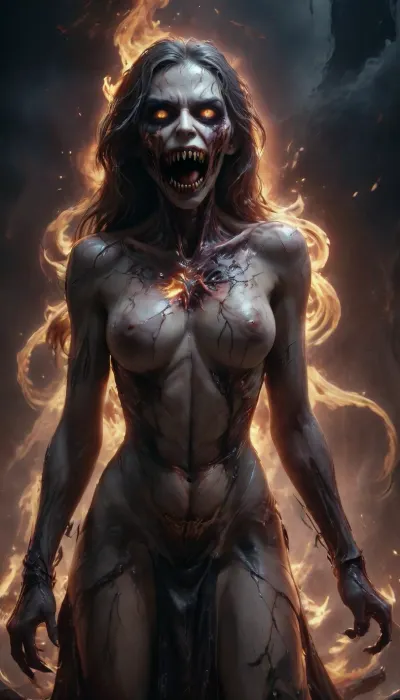 Highly detailed, ultra-realistic, extremely terrifying portrait of a female figure standing in a thick, foggy, fiery hell at night, wearing a long, very tattered black dress, long gray hair., (((horrible demonic face with blazing eyes, rotten, bared teeth, decomposed skin, and ancient scars))), (((large bare breasts))), (both hands carefully holding a torn out glowing fiery heart), ((heart burning with intense bright orange-yellow flames and sparks)), . The heart is a bright source of light illuminating the scene. Thick, billowing smoke and thick white fog surround the figure., (In the background, tall, dark blurred silhouettes of naked bodies), ., (Dark, gloomy atmosphere of pure horror and fear), . large sharp claws on the hands, Perfect centered composition. Front view. Medium shot., (Perfect pose with hands gently folded around burning hearts), . Cinematic lighting. Sharp focus. Delicate fabric details on the robe. Volumetric fog. Maximum resolution, 8k, ultra-detailed, photorealistic., open. mouth, Infernal, style, Midjourney, MJ, poster, manga, anime, z4mbi, portrait, zombie, abyss, girl, open, mouth, <lora:Midjourney_style:1>, <lora:Midjourney Image Enhancer XL v1:1>, <lora:InfernalStyleXL-000006:1>, <lora:ZombiePortraitXL_v1:1>, <lora:abyss_girl:1>