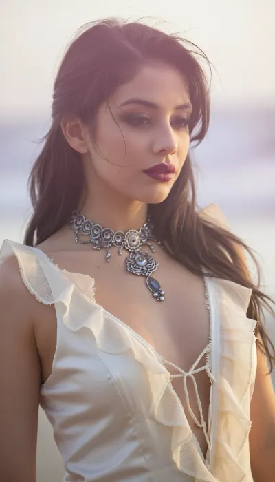A vertical cinematic closeup portrait of a stunning Latina with an ethereal, soft-focus aesthetic, defined by diffused light. The subject is an enigmatic young woman with long dark hair and wispy strands that have a soft luminous halo. She wears dark smoky makeup with soft full lips a deep matte berry. Her elegant neckline is accented by an intricate antique silver gothic necklace. She is dressed in a smooth ivory silk featuring a straight-cut neckline with raw, tattered, gossamer ruffles along the top edge. The scene is enveloped in a powerful but diffused golden-hour glow from the side, which creates a luminous light bloom on her skin and the fabric, dissolving sharp edges in an ethereal haze. The background is a very blurred, dreamlike pastoral pastel lavender-gray coastal sky, soft and bright. The overall mood is serene contentment. Shallow depth of field, subtle film grain. This is a high-key photograph.