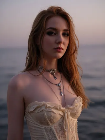 Vertical cinematic portrait of an enigmatic young adult woman standing by the ocean at dusk, framed from the chest up. Long, slightly tousled redhead hair with soft wispy strands around her face, dramatic smoky eye makeup, muted dark rose lips, calm distant expression looking just past the camera. She wears a soft ivory vintage-inspired lace corset top with delicate ruffles and layered antique silver necklaces. Warm low sunset light falls across one side of her face and shoulder, contrasting with cool lavender-gray evening tones in the sky and sea behind her. Dreamy romantic gothic coastal mood, soft-focus background, subtle haze, gentle film grain, slightly blurred edges, nostalgic early-2000s music-video aesthetic, moody editorial beauty photography, natural skin texture, shallow depth of field, quiet melancholic atmosphere.