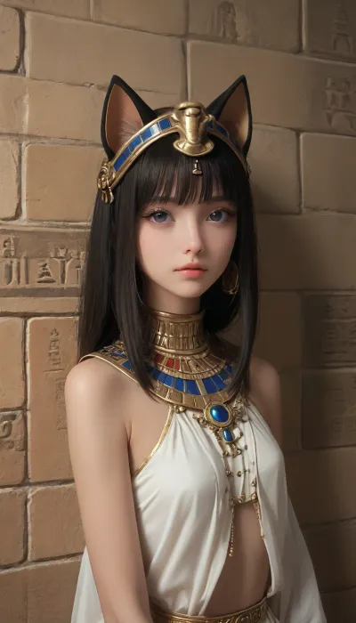 (setting and entourage of ancient Egypt), inside pyramid, skinny female with cathead, (feline girl, furry, cat face), (authentic ancient Egypt outfit:1.7), (stylized feline head instead of human, cat head like on ancient Egypt on-wall pictures:1.7)