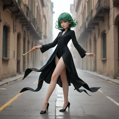 Tatsumaki from One Punch Man. She is a petite woman. She has a cute face with emerald green eyes, and matching emerald green hair that naturally curls up on the ends. She wears a form-fitting V-neck black dress with a high collar, long trumpet sleeves and four high-cut leg slits with pointed ends that show off her shapely long legs and matching black low-heeled shoes.
