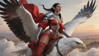 A cinematic wide shot, (beautiful elvish princess in intricate silver filigree armor riding astride the neck of a giant white eagle, flying in the clouds:1.3), giant eagle wings flap on each side of her, (eagle is huge:1.3), elegant elven features, luminous skin, braided silver in her dark hair, ornate filigree armor, flowing red silk robes, pointed ears, regal posture, joyful expression on beautiful face, dark tan skin, braided black hair, red silk bodice, red lace stockings, red lace garter belt, elegant, plumb pussy with little public haor slightly exposed on side of dress, dynamic pose, elf ears, perfecteyes, in full view, .

Oil painting style, Greg Rutkowski inspired, ethereal, cinematic lighting, hyper-realistic, 8k resolution, intricate detail, high fantasy aesthetic, barren sunset landscape.