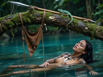 Ultra-realistic cinematic masterpiece, extreme foreground-background separation, dominant razor-sharp foreground plane, the absolute foreground is occupied by a massive moss-covered jungle branch cutting diagonally across the frame, the branch, the hanging loincloth, the resting spear and the tiny gecko are the only elements rendered in crisp focus, every moss filament, bark crack, water droplet, leather fiber and metal scratch resolved with extreme micro-detail, a clearly recognizable primitive leather loincloth hangs loosely over the branch, shaped as a small triangular front covering with long thin side ties, decorated with dangling leather cords, tiny carved bones, beads, shells and polished stones, beside it an exceptionally slender lightweight throwing spear rests diagonally against the branch, its straight hardwood shaft only about 1.2 centimeters in diameter, narrow leather wrapping around the hand grip, an extremely long, delicate needle-like polished metal spearhead, refined, lightweight and aerodynamic, a tiny emerald-green gecko sits on the moss nearby, spectacularly detailed scales, claws and luminous iris, 100 millimeter prime lens, extremely shallow depth of field, several meters behind and visually lower than the foreground branch lies a crystal-clear turquoise jungle pool, completely separated from the sharp foreground by heavy optical defocus, in the blurred background below the branch a tribal woman, 28 years old, deep dark-brown skin, slender athletic physique, long wet black hair, extensive dark tattoos across her body, wearing only a primitive bone-and-stone necklace, completely nude because her loincloth is visibly hanging on the branch in the foreground, she remains deeply immersed in the water, reclining and stretching lazily during a peaceful break from hunting, eyes closed, completely relaxed, both hands free, slowly washing herself and gently running her hands over her shoulders, neck, arms and torso while enjoying the cool water, passive unhurried body language, her submerged body softly visible beneath the exceptionally clear turquoise-green surface through realistic refraction, the elevated viewpoint looking slightly downward makes her underwater silhouette perceptible without bringing her into focus, gentle ripples around her body, dense emerald mist drifting low across the pool, humid green haze between tree trunks, lush tropical vegetation dissolving into teal and moss-colored bokeh, soft cool forest light, deep shadow separation, rich tonal contrast, subtle analog film grain, physically believable optics, poetic accidental intimacy, immersive photorealistic rainforest atmosphere