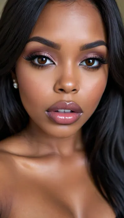 (1woman), 28 years old, ((curvy body)), Close-up girl, latin woman, curvy, ((dark skin)), ((round face)), (((brown skin))), (((full lips))), lavanda lipstick, closed mouth, lipgloss, small cute nose, standing, face, (((round medium breasts))), (((straight long black hair))), (((oiled skin))), (detailed black eyes), (((slut makeup))), .
she don’t look the camera, nose earring, round earrings, (high resolution image), (perfect face), sexy, beauty, (ultra realistic:1.7), (maximum quality:1.5), (high resolution:1.7), (extreme detail:1.5), (ultra realism:1.6), 8k, he, photo was taken by Canon Eos, (maximum detailed skin:1.6), (((I was offended))), melanin, <lora:BUT_SDXL_SHS:.8>, <lora:melanin-XL:2>
