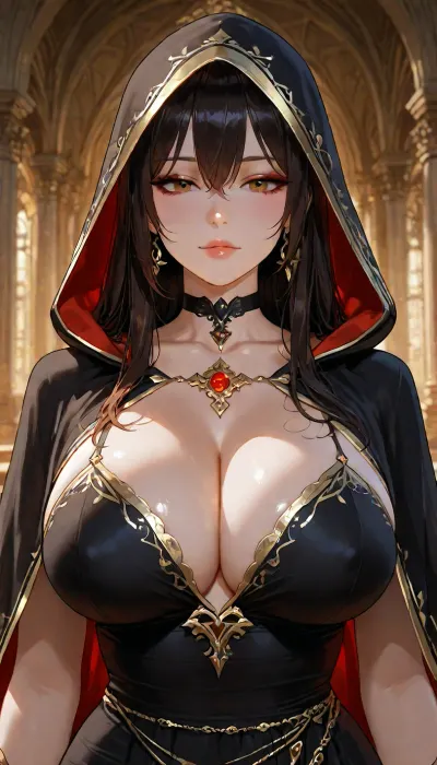 A beautiful young woman, approximately 20 years old, pale skin, warm amber-brown eyes, full lips, soft feminine facial features, long dark black hair with layered framing strands and windswept volume. She wears a dark hooded cloak over elegant black fantasy robes and intricate occult jewelry. A black choker circles her neck, and two ornate silver talismans hang from delicate chains across her busty chest. Her expression is calm, intelligent, mysterious, and slightly intimidating. She possesses the presence of a powerful necromancer and scholar of forbidden magic. Big visible cleavage. Cinematic dark fantasy aesthetic, realistic proportions, highly detailed skin, natural facial features, realistic eyes, subtle makeup., <lora:add-detail-xl:1.2>, <lora:attractive_notrigger:1.2>, <lora:detailed_notrigger:1.2>, <lora:LCMTurboMix_Euler_A_fix:1.2>