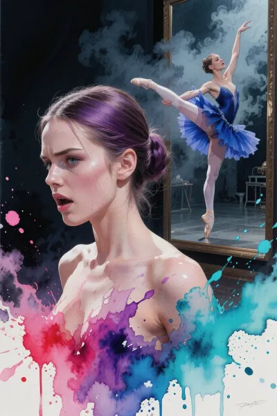 extreme close-up 2D watercolor painting of a beautiful ballerina, dynamically framed from the chest up. Her head and face are in sharp focus, capturing an intense, frozen, passionate emotional expression. Her face, features, and body surface are 100% artistically created from translucent layers of wet watercolor paint, fluid brushstrokes, and bleeding pigments with zero human skin. The camera frame cuts off so tightly near her shoulders that absolutely no arms, no forearms, no wrists, and zero hands or fingers exist in the scene. She is set inside a dark atmospheric watercolor studio, in the background, a massive misty mirror reflects her full body in a spectacular horizontal grand jeté split leap in mid-flight. Saturated palette of royal ultramarine, deep purple, fiery magenta, and neon turquoise melting across her body and the wet paper texture. High contrast fluid art masterpiece.