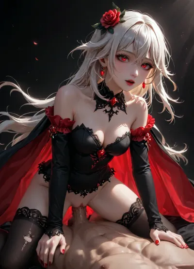 1girl, Theresa Apocalypse, Honkai Impact series, Lunar Vow, Crimson Love, 36 years old, adult woman, long white hair that fades to pink, red glowing eyes, sadistic smile, moaning, mouth opened, elegant vampire-themed outfit, black dress, frilly black cape-like skirt with a red under-layer, gold trimmings, ripped stockings, detached sleeves, red nail polish, red rose ornament between breasts, kneeling over viewer, bent over, fucked cowgirl, bouncing on cock, oversized penis, vagina stretched, shaved pussy, full vaginal penetration, exaggerated squirting, red light contour, black background, Lifetime, Together, Red, and, black_gothic_fantasy, ltctr, color, +, light, contour, g0th1cxl, glowing, neon, dark, chiaroscuro, low-key, <lora:mki-a31-crimson_love_new_clothe-v3-000065:.8>, <lora:Red_and_black__gothic_fantasy-000007:.8>, <lora:light_contour_sdxl:.8>, <lora:g0th1cXL:.8>, <lora:zavy-cntrst-sdxl:.8>