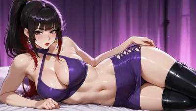 Melkor mancin meet markgavatino style, (((large purple anime eyes, purple eyeliner))), Asian Filipina slut wife, long lashes, red lipstick, 25 years old cutie, muscular toned fit girlfriend, (short petite height), ((purple background, lurid neon blurry background, lounge bed)), black slick hair in high ponytail with bright red highlights, warm strong lighting, ((side lying showing off her elegant body curves)), futa penis bulge under skirt, thick long boots