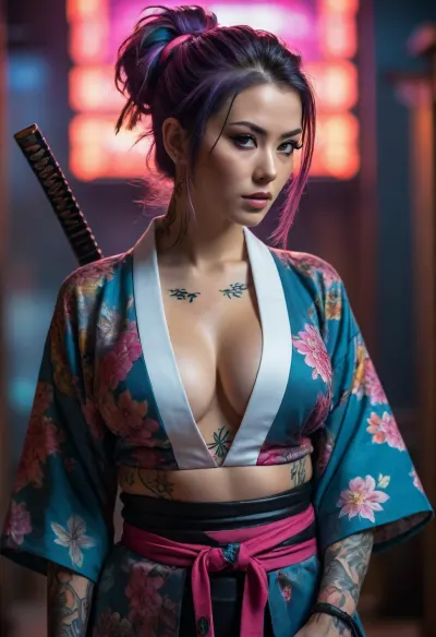 Cyberpunk samurai, open kimono, cleavage, large breasts, vibrant tattoos, katanas