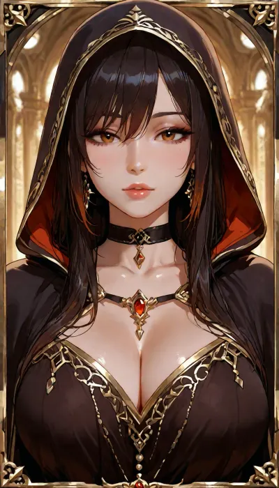 A beautiful young woman, approximately 20 years old, pale skin, warm amber-brown eyes, full lips, soft feminine facial features, long dark black hair with layered framing strands and windswept volume. She wears a dark hooded cloak over elegant black fantasy robes and intricate occult jewelry. A black choker circles her neck, and two ornate silver talismans hang from delicate chains across her busty chest. Her expression is calm, intelligent, mysterious, and slightly intimidating. She possesses the presence of a powerful necromancer and scholar of forbidden magic. Big visible cleavage. Cinematic dark fantasy aesthetic, realistic proportions, highly detailed skin, natural facial features, realistic eyes, subtle makeup., <lora:add-detail-xl:1.2>, <lora:attractive_notrigger:1.2>, <lora:detailed_notrigger:1.2>, <lora:LCMTurboMix_Euler_A_fix:1.2>