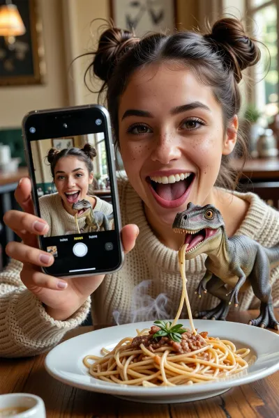 A photorealistic shot, young woman in a cozy café is showing a selfie she just took on her smartphone screen. Her chestnut-brown hair is pulled back into two tall, messy buns, (space buns), with a straight part, she has freckled skin and bright, expressive eyes, and she’s laughing joyfully. She’s wearing a comfortable knit sweater. She holds a modern smartphone with the screen facing the viewer. On the phone’s screen is a selfie taken a few seconds ago, in which the girl captured herself and her pet—a small, toy-like T-Rex—just as it snatched some spaghetti from her plate. In the live scene unfolding before the viewer right now, there is a white plate of spaghetti on a wooden table, and next to it, a small gray-green tyrannosaurus with its mouth open, a pink tongue, and sharp teeth continues to eat calmly, a long strand of spaghetti hangs from its mouth, while the girl laughs as she shows the viewer the selfie she just took. Background, a cozy café with a lamp hanging from the ceiling, a framed painting on the wall, and a large window on the right letting in daylight with a soft side light. Mixed warm lighting, high detail in the skin, freckles, sweater knit, the dinosaur’s skin, and the steam rising from the hot spaghetti, live-action photo style, selfie, photorealistic, high resolution