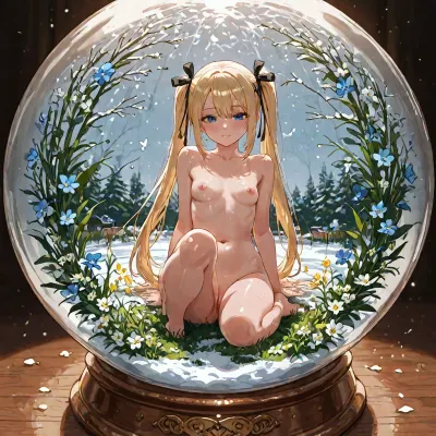 analogous_colors, cute_face, watercolor_effect, thick_lines, thin_hair_strands, painterly, sketch, rough sketch, expressive lineart, messy brush strokes, delicate rendering, soft shading, muted colors, airy atmosphere, subtle lighting, anime illustration, (detailed hair), (detailed eyes), (ligne claire), (manga cover), no lineart, flat color, cute, kawaii, chibi, chibi only, super defromed, big head, small body, The entire background features a soft gradient of sky blue and pale yellow. A large transparent glass snow globe is positioned at the center of the frame, with the character standing in the center inside the globe. Inside the glass globe is a small flower garden and water. The snow globe rests on an ornate decorative base with subtle reflections of light across its glass surface. The bottom of the frame is filled with abundant flowers and grass, creating a warm and cheerful spring garden with small butterflies. Small flower petals and sparkling particles gently drift around the snow globe, while a few small butterflies fly around it. A faint glowing aura surrounds the snow globe. Warm, bright atmosphere, centered composition., (Character inside the snow globe, marie_rose, looking at viewer, full body), character, marie_rose, Marie_rose is a girl with long blonde twintails tied with black ribbons, and sparkling blue eyes., (petite:1.6), shiny skin, oiled skin, dynamic pose, dynamic view, bending back, detailed artwork, clean composition, featuring high-resolution textures and sharp details.perfecteyes, cute pussy, cute pink nipples, Sitting sideways, <lora:荻pote_XL:1.4>, <lora:LCMTurboMix_Euler_A_fix:.6>, <lora:PerfectEyesXL:1>