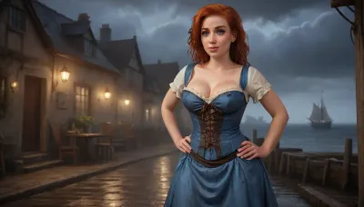 (one woman, Mirabelle Monet from Oblivion, french, mature 40 year old, ginger hair, small breasts, chubby), (outside medieval small seaside inn by the docks, dark rainy evening), (wearing sky blue dress with brown laced bodice corset), (hands on hips), (artwork, digital painting, fantasy art, loading screen art style), w3t, wet, tshirt, <lora:SDXLSamDoesArts:.1>, <lora:SumTim:.1>, <lora:Sinister_Style_SDXL:.1>, <lora:w3t_SDXL:.5>