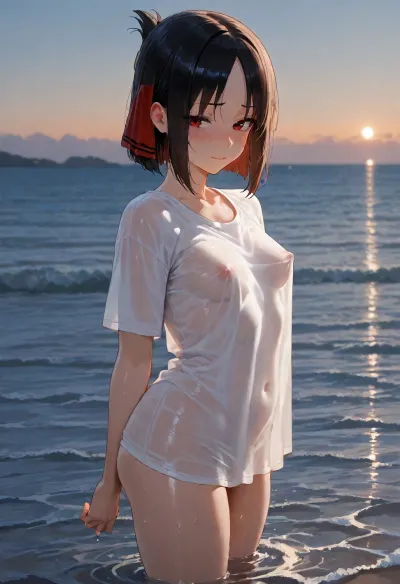 kaguya shinomiya, small breasts, standing in sea, hip-deep water, oversized wet white shirt, far from the viewer, she is looking at sky, nipples visible through shirt, blushing, embarassed