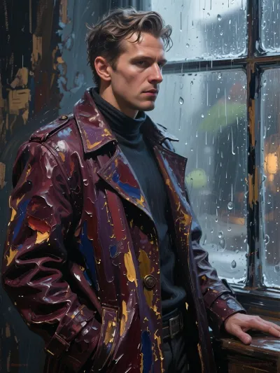 Fine art gallery exhibition piece, a beautiful painterly realism portrait of a thoughtful man standing by a rainy window. Acrylic on canvas style, inspired by modern palette fine art. Every detail of the portrait, his face, hair, and coat, is created from visible, distinct, artistic acrylic brushstrokes. Rich textured layers of paint, complex color transitions of deep burgundy, warm gold, and dark indigo. The face is clean and handsome, shaped by masterful artistic lighting. Moody atmosphere, professional composition, raw artistic texture, ultra high definition.