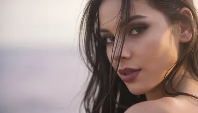 An intimate closeup portrait of a Latina woman with an ethereal, soft-focus aesthetic, defined by diffused light. The Mexican woman's long elegant dark hair falls loosely across her face and obscures her sultry facial features and coyly hiding one eye behind the thick cascade of luxurious hair.
Her thick feathery eyelashes and dark smokey makeup highlight her large sensual eyes.
Her soft full lips are a dark matte berry with visible pillowy creases. She has prominent sharp cheekbones and huge expressive eyes locked on the viewer in a sensual adoring gaze.

The scene is enveloped in a powerful but diffused golden-hour glow from the side, which creates a luminous light bloom on her skin, dissolving sharp edges in an ethereal haze. The background is a very blurred, dreamlike pastoral pastel lavender-gray coastal sky, soft and bright. Soft focus on her luscious kissable lips.
The overall mood is an intimate serene sensuality. Shallow depth of field, subtle film grain, light leaks, vintage analog lens. This is a high-key photograph.
The subject is anchored to the right side of the image, using the rule-of-thirds compositional technique.