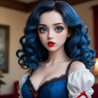 blue-black large-curled hair, doll heart-like face, extremely large deep-blue anime eyes, arched eyebrow, long bushy eyelashes, short snub nose, plump red lips, pointing chin