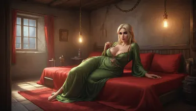 (one woman, Sontaire from Oblivion, high elf, chinese, tanned yellow skin, mature 40 year old, blonde hair, small breasts, slightly chubby face), (inside medieval basement bedroom, red bed, golden pillows, big chains and shackles hanging above bed), (wearing lime green night gown), (lying prone on her stomach on a bed, reading a book), close front view, (artwork, digital painting, fantasy art, loading screen art style), <lora:SDXLSamDoesArts:.1>, <lora:SumTim:.1>, <lora:Sinister_Style_SDXL:.1>