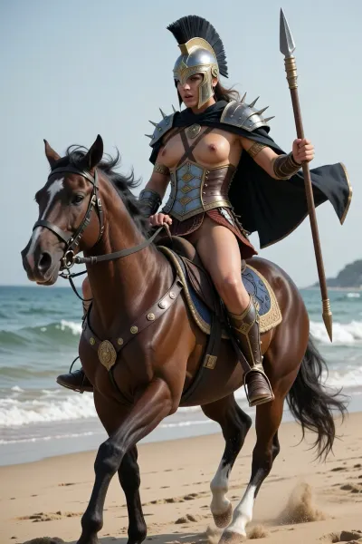 sexy amazon warrior riding a horse, spartan, warrior, sexy armor, one breast exposed, helmet, on a beach, plumed, spiked, cloak, spear, shortsword, RiHorse, half_front_view, galloping