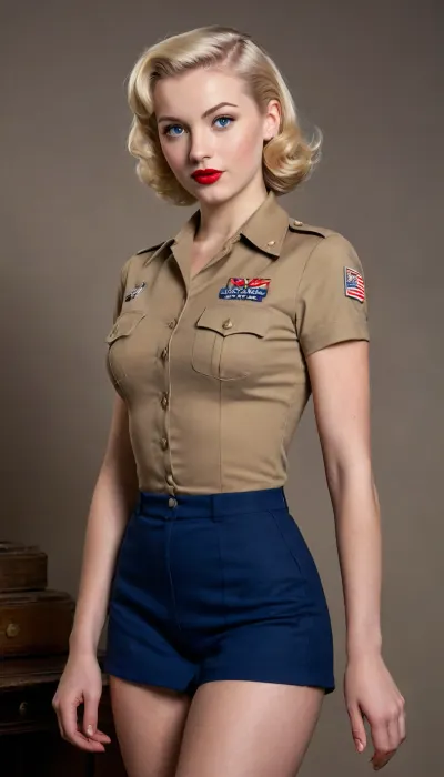fully clothed pretty beautiful 18 year old pinup girl photograph, short blonde hair in 1940s style, named Greta, with pale skin and large expressive bright blue eyes, very skinny, tiny breasts, petite figure, lusty red lipstick, sexy, ultra realistic blonde pinup girl, realistic sexy pose, uniform cute, patriotic propaganda, ww2 war moral poster, one girl, European, very sexy, full body view