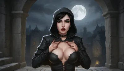 (serana from skyrim, pale skin, scandinavian, vampire, fangs, dark yellow eyes, detailed face, medium breasts, short black hair, blood on chin, biting lips), (exposed breasts, black medieval leather clothing, grey hood), (night, moon, medieval crypt), (hands behind back), front view, (artwork, digital painting, fantasy art, loading screen art style), <lora:SDXLSamDoesArts:.1>, <lora:SumTim:.1>, <lora:OIL_ON_CANVAS_v3:.1>