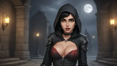 (serana from skyrim, pale skin, scandinavian, vampire, fangs, dark yellow eyes, detailed face, medium breasts, short black hair, blood on torso), (exposed breasts, black medieval leather clothing, grey hood), (night, moon, medieval crypt), (hands behind back), front view, (artwork, digital painting, fantasy art, loading screen art style), <lora:SDXLSamDoesArts:.1>, <lora:SumTim:.1>