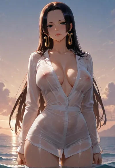 Boa hancock from One Piece, medium breasts, standing in sea, hip-deep water, oversized wet white shirt, far from the viewer, she is looking at sky, nipples visible through shirt, confident