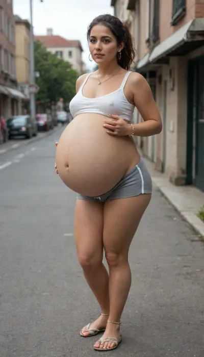 Full body in view, wide shot, 35 year old mature chubby curvy sexy Latina milf with small tits, brown eyes, brown hair with blonde highlights pulled back into ponytail with messy bangs, wearing makeup, slight face wrinkles, she has very wide hips with a very wide bbl ass, very small tits, she has thick voluptuous short leg with thick calves, she has a beautiful perfect round bubble butt, very small boobs, small natural breasts, Latina tits, mature small milf breasts, she has beautiful thick wide ankles with beautiful feet and perfect toes, painted toe nails, painted nails, wearing gold necklace, wearing dangly earrings, wearing a tight small white crop top with no bra underneath, wearing small grey gym shorts, wearing flip flops, wearing sandals, barefoot, ankle bracelet on, on her knees, looking busy, slightly standing to the side, (pregnant 9 months:1.9)