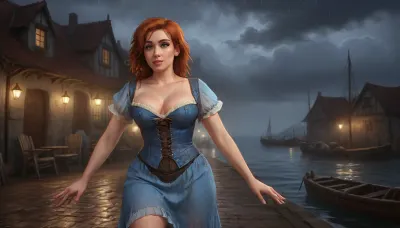 (one woman, Mirabelle Monet from Oblivion, french, mature 40 year old, ginger hair, small breasts, chubby), (outside medieval small seaside inn by the docks, dark rainy evening), (wearing sky blue dress with brown laced bodice corset), (hands on hips), (artwork, digital painting, fantasy art, loading screen art style), w3t, wet, tshirt, <lora:SDXLSamDoesArts:.1>, <lora:SumTim:.1>, <lora:Sinister_Style_SDXL:.1>, <lora:w3t_SDXL:1>