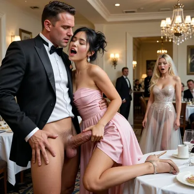 A handsome 30-year-old man with a huge penis, wearing a tuxedo and shirt, has sex with a petite 21-year-old Asian woman. She has tousled black hair. The woman is in a pink bridesmaid dress, has a petite build, and medium breasts. The woman closes her eyes and moans with pleasure. In the background, a 30-year-old blonde in a see-through wedding dress enters the room and watches in horror as her husband has sex with their friend. The 30-year-old bride is half-naked. She stands in the room with a shocked expression on her face. She enters just as the 30-year-old man's penis ejaculates. The 30-year-old man has vaginal sex, (penis in vagina), vaginal penetration, tight vagina, he is completely focused on enjoying the process. Full-length view. Static camera. Maximum realism, realistic face. The room is bright, the chandeliers in the hall are on, illuminating the bride's transparent dress and her slender, naked body.
1 boy, 1 girl, (clothed woman, naked man, cfnm, focus on man, (completely naked barefoot man with erect penis and big testicles stands in a crowded restaurant near a table, with his eyes open, only one naked 18 year old girl without a skirt stands with one foot on the set table showing her excited vagina and holds his penis:1.4), (girl in an evening haute couture blouse with expensive accessories and high-heeled shoes, masturbating with one hand:1.6)), smiling, happy, funny, face details, hand details, penis details, masterpiece, best quality, high resolution, absurd resolution, ray tracing, perfect skin, perfect face, (full body visible, full frame:1.2), warm side light, ultra-detailed, intricate details, (photorealistic:1.5), 8k, UHD, sharp focus, (masterpiece:1.2), penis, <lora:happy_v2:.5>
