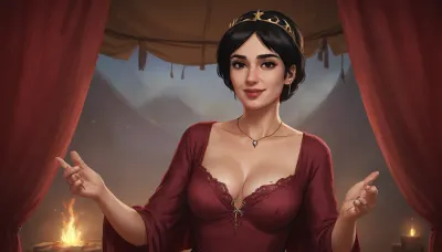 (one woman, french, 40 year old, black short hair, small breasts, head circlet, sensual smile), (standing inside enclosed medieval brown war tent), (wearing burgundy medieval dress, open cleavage pulled down exposings breasts with hands), close view above waist, (artwork, digital painting, fantasy art, loading screen art style), <lora:SDXLSamDoesArts:.1>, <lora:SumTim:.1>, <lora:Sinister_Style_SDXL:.1>