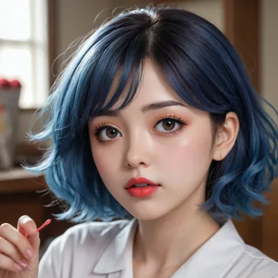 (drawn anime style:1.4), (detailed drawing with clean lines and meticulous shading, artwork, flat colors, line art, no smooth gradients, line drawing, clearly drawn contours, contour lines, non-gradient base flat colors, limited color palette, base colors), blue-black large-curled hair, doll heart-like face, extremely large deep-blue anime eyes, short snub nose, plump red lips, pointing chin