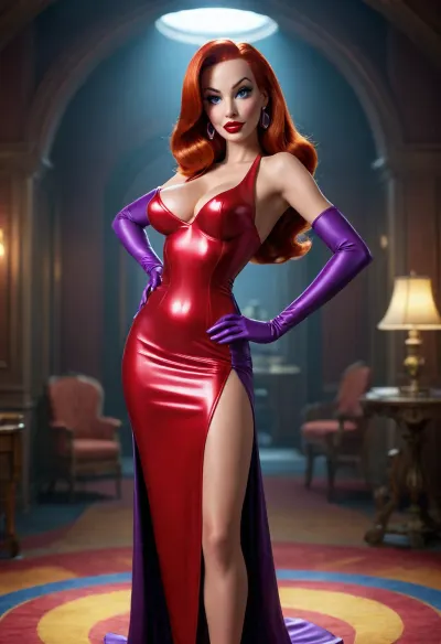 tall curvey cartoon character jessica rabbit, from who framed roger rabbit, full body image