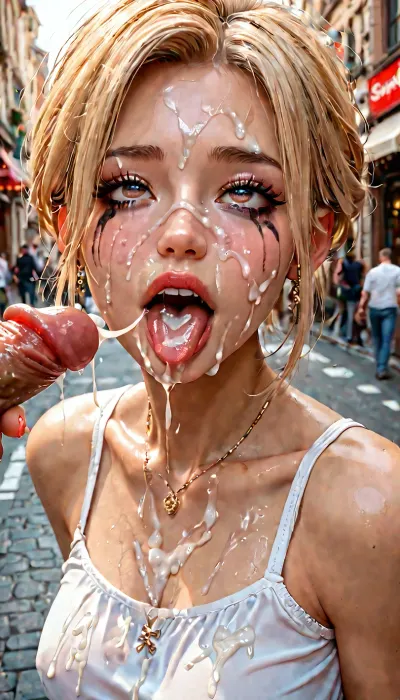 A beautiful Asian girl shows her face covered in semen. vulgar face. ohegao. stuck out her tongue. mascara ran. lots of semen on the face. bukkake. crossed eyes. a street full of pleasure. a blonde girl is naked. a man’s hand is holding the girl by the neck.