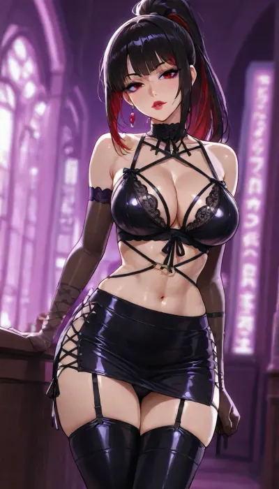 Melkor mancin meet markgavatino style, (((large purple anime eyes, purple eyeliner))), Asian Filipina slut wife in club lingerie street clothing, long lashes, red lipstick, 25 years old cutie, muscular toned fit girlfriend, (short petite height), ((purple background, lurid neon blurry background)), black slick hair in high ponytail with bright red highlights, warm strong lighting, ((showing off her elegant body curves)), futa penis bulge under skirt, thick long boots
