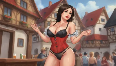 (one woman, mature 50 year old, brunette, sensual smile, red lips, dancing sexy striptease), (wearing skimpy tavern corset pulled down exposing breasts), (medieval german town, half-timbered houses with white walls and black roofs, people in background, oktoberfest), daytime, close side view, (artwork, digital painting, fantasy art, loading screen art style), breasts, on, tray, <lora:LegendDarkFantasy-000001:.5>, <lora:SumTim:.1>, <lora:SDXLSamDoesArts:.1>, <lora:breasts on tray XL:.5>