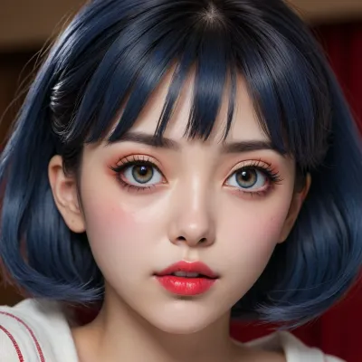 (drawn anime style:1.4), (detailed drawing with clean lines and meticulous shading, artwork, flat colors, line art, no smooth gradients, line drawing, clearly drawn contours, contour lines, non-gradient base flat colors, limited color palette, base colors), blue-black large-curled hair, doll heart-like face, extremely large deep-blue anime eyes, arched eyebrow, long bushy eyelashes, short snub nose, plump red lips, pointing chin