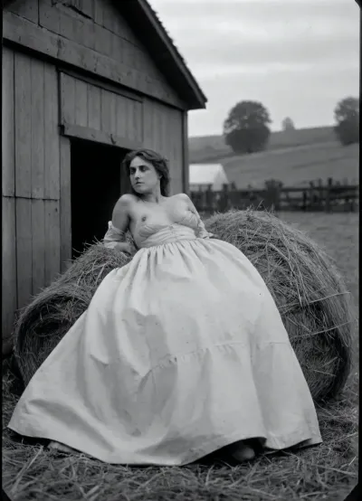 black and white vintage photo, explicit, Victorian England, the old stable in the village, dusk, the door to it is open, inside you can see a rough horse stalls, hay, ((A woman lying on a pile of hay)), (((the top of her dress is pulled down, exposing her small breasts))), monochrome style, <lora:victoriansxl_v1:.5>, <lora:old_world:.5>, <lora:2BoutOvalSDXL2-000002:.9>