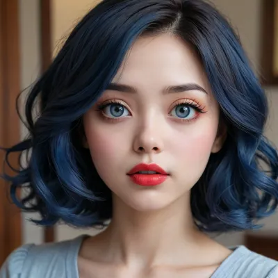 drawn anime style, (detailed drawing with clean lines and meticulous shading, artwork, flat colors, line art, no smooth gradients, line drawing, clearly drawn contours, contour lines, non-gradient base flat colors, limited color palette, base colors), blue-black large-curled hair, doll heart-like face, extremely large deep-blue anime eyes, short snub nose, plump red lips, pointing chin