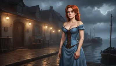 (one woman, Mirabelle Monet from Oblivion, french, mature 40 year old, ginger hair, small breasts, chubby), (outside medieval small seaside inn by the docks, dark rainy evening), (wearing sky blue dress with brown laced bodice corset), (hands on hips), (artwork, digital painting, fantasy art, loading screen art style), <lora:SDXLSamDoesArts:.1>, <lora:SumTim:.1>, <lora:Sinister_Style_SDXL:.1>
