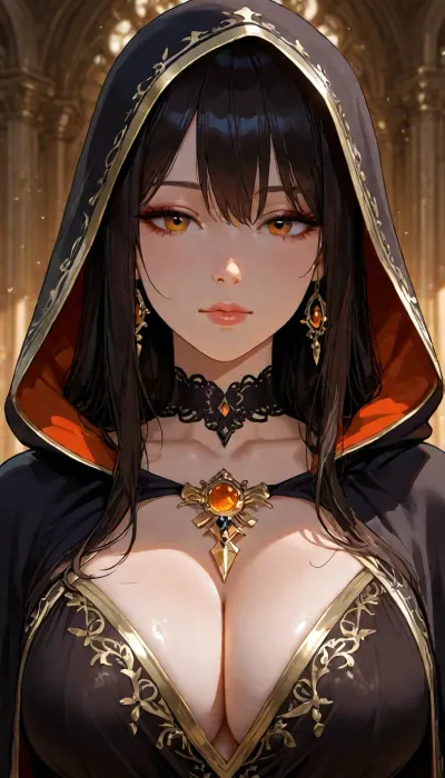 A beautiful young woman, approximately 20 years old, pale skin, warm amber-brown eyes, full lips, soft feminine facial features, long dark black hair with layered framing strands and windswept volume. She wears a dark hooded cloak over elegant black fantasy robes and intricate occult jewelry. A black choker circles her neck, and two ornate silver talismans hang from delicate chains across her busty chest. Her expression is calm, intelligent, mysterious, and slightly intimidating. She possesses the presence of a powerful necromancer and scholar of forbidden magic. Big visible cleavage. Cinematic dark fantasy aesthetic, realistic proportions, highly detailed skin, natural facial features, realistic eyes, subtle makeup., <lora:add-detail-xl:1.2>, <lora:attractive_notrigger:1.2>, <lora:detailed_notrigger:1.2>, <lora:LCMTurboMix_Euler_A_fix:1.2>