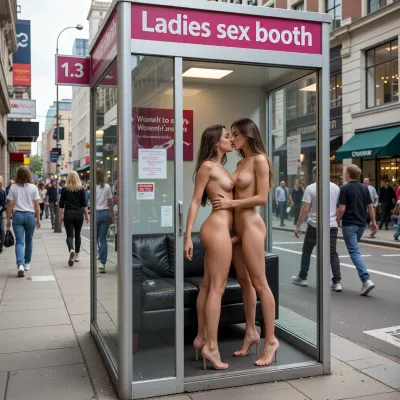 woman, (view from the outside of a sex service booth:1.3), (two beautiful lesbian women having sex in a women's sex service booth on a busy city sidewalk:1.3), (Lesbian women are inside of a 2 meter by 2 meter glass-walled booth designed for women to satisfy their sexual needs on demand with eachother:1.3), the sex service booth is located on the sidewalk of a busy city street, sign text Ladies sex booth, midday, full body view, sex service booth in full view, thin women, long legs, groping and kissing, mating press position, nude women wearing only high heel shoes, DD breasts, makeup, camera view from outside of the sex service booth looking through the glass to see women having sex inside of the sex service booth and other women walking by on the sidewalk outside of the sex service booth, zoomed out, inside the sex service booth there is only a sofa and the two lesbian women having sex