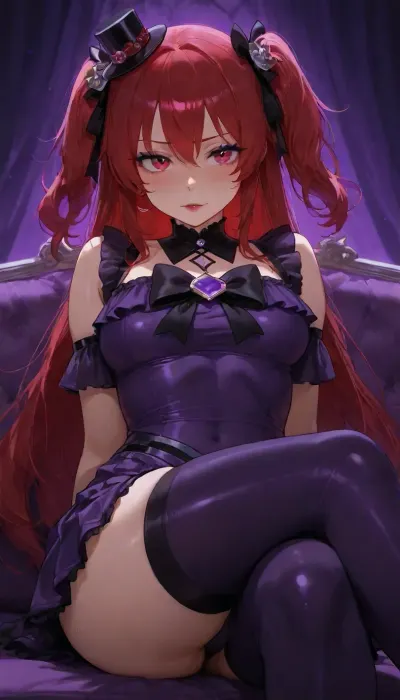 21 year old cute magic girl sitting on couch in silk goth costume, (goth hat), ((CUTE MAGICAL GIRL DRESS)), flirty sultry slut, (lithe fit athletic toned body), high quality face details, ((perfect symmetrical eyes)), dark red lipstick, blue eyeliner, purple pleated skirt crossed legs to show ass cheeks and hint of panties with futa penis bulge, (futa dick), (crossed legs), ((purple costume, purple room)), (((hypersaturated bright colors))), long lustrous hair, blue stockings